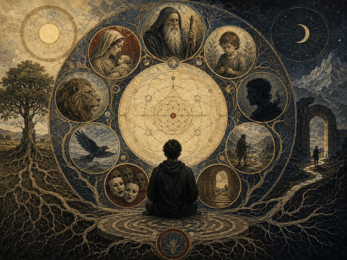 A seated figure faces a circular symbolic structure filled with archetypal images, including a mother, child, wise elder, lion, bird, masks, shadow, thresholds, roots, sun, and moon.