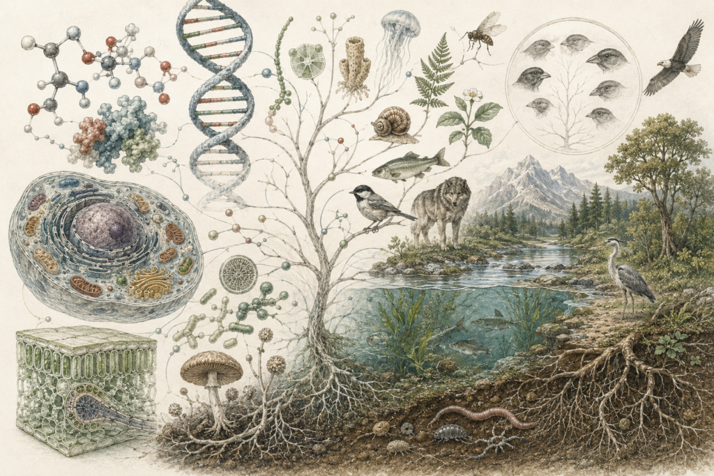 Research-grade biology illustration showing DNA, biomolecules, cells, plant tissues, fungi, microbes, soil roots, aquatic systems, animals, ecosystems, and evolutionary relationships connected across living systems.