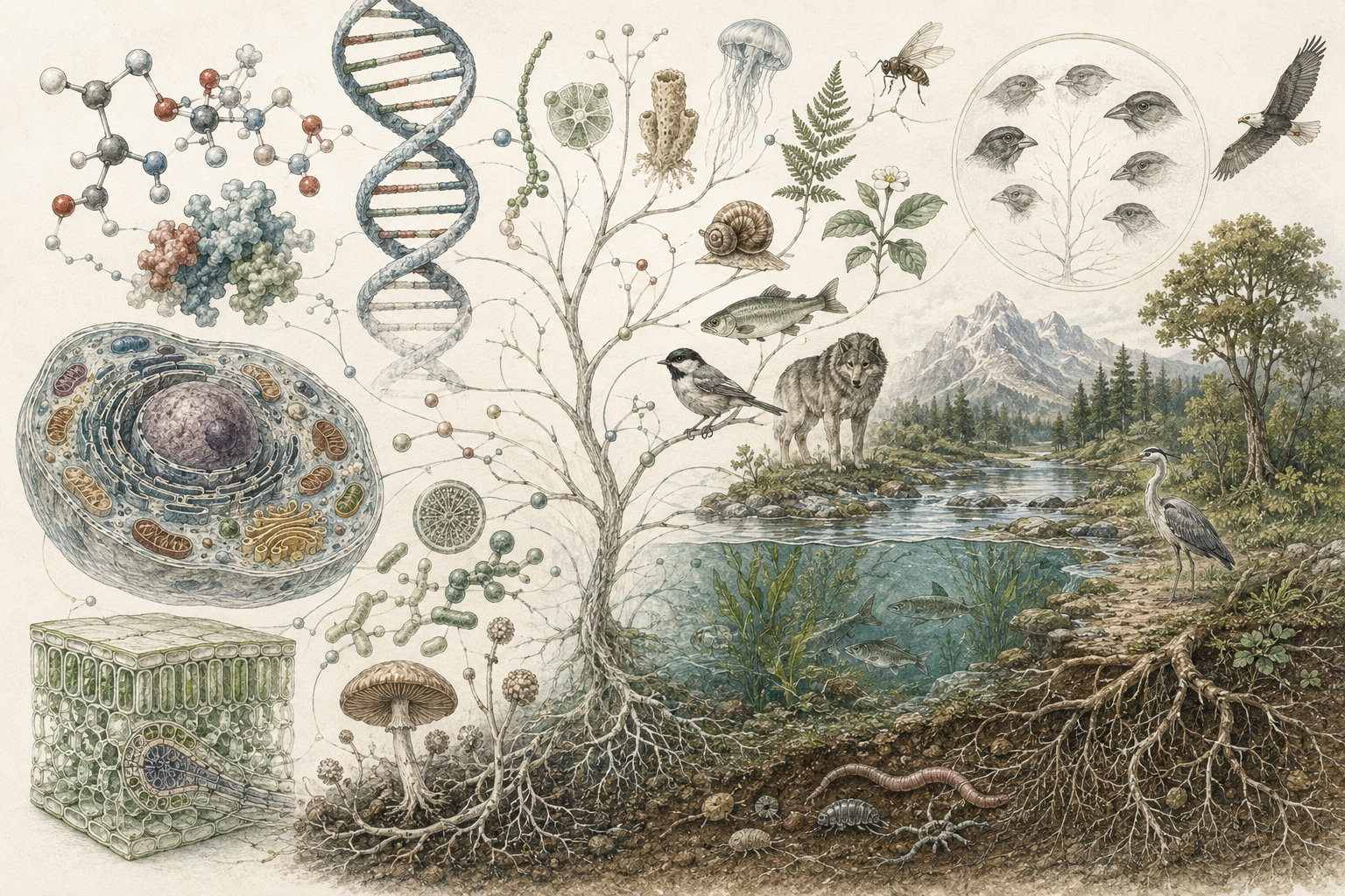Research-grade biology illustration showing DNA, biomolecules, cells, plant tissues, fungi, microbes, soil roots, aquatic systems, animals, ecosystems, and evolutionary relationships connected across living systems.
