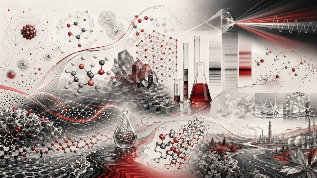 Abstract scientific illustration of chemistry showing atoms, molecules, electron clouds, bonding geometry, crystal lattices, laboratory glassware, spectroscopy light paths, chromatography-like bands, polymers, catalysts, environmental chemical flows, water chemistry, industrial systems, and chemical transformation without text or labels.