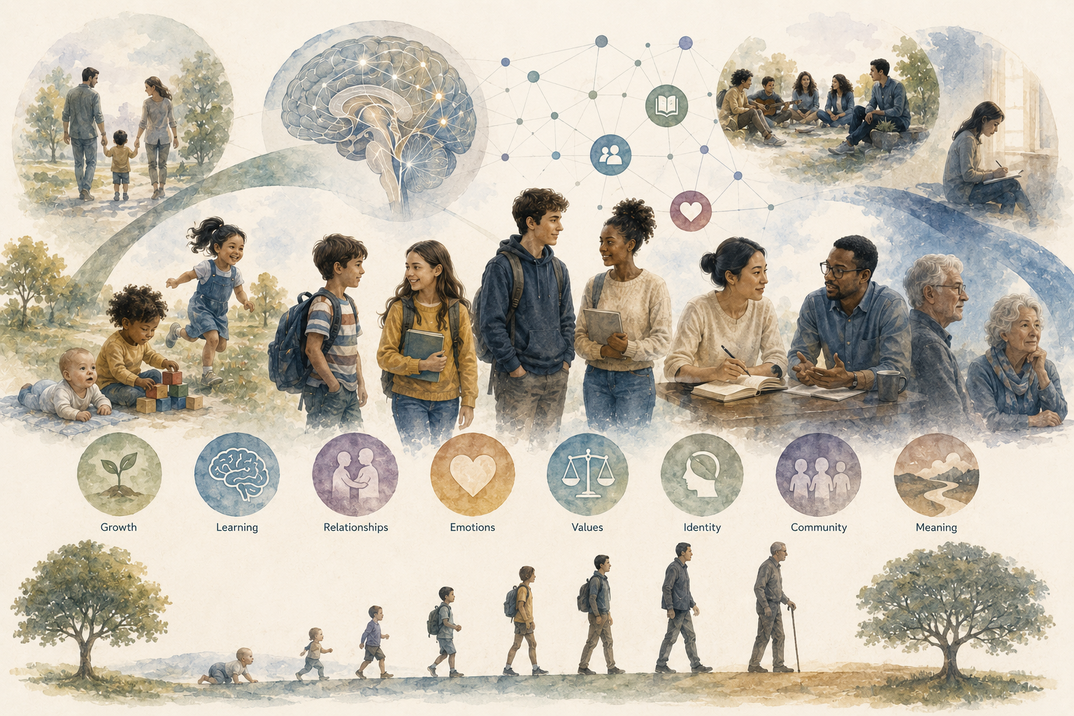 Watercolor-style research illustration of human development across the lifespan, showing infancy, childhood, adolescence, adulthood, and older age alongside symbolic motifs of growth, learning, relationships, emotion, identity, community, and meaning.