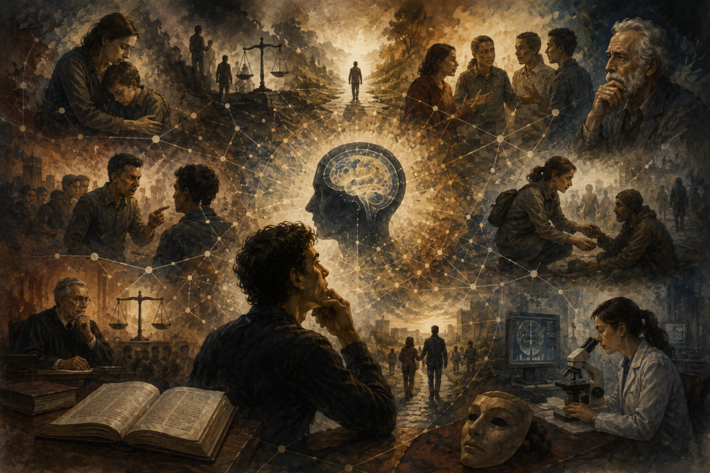 Painterly illustration of moral psychology, showing a reflective figure surrounded by care, conflict, justice, moral judgment, scientific study, social networks, and human behavior.