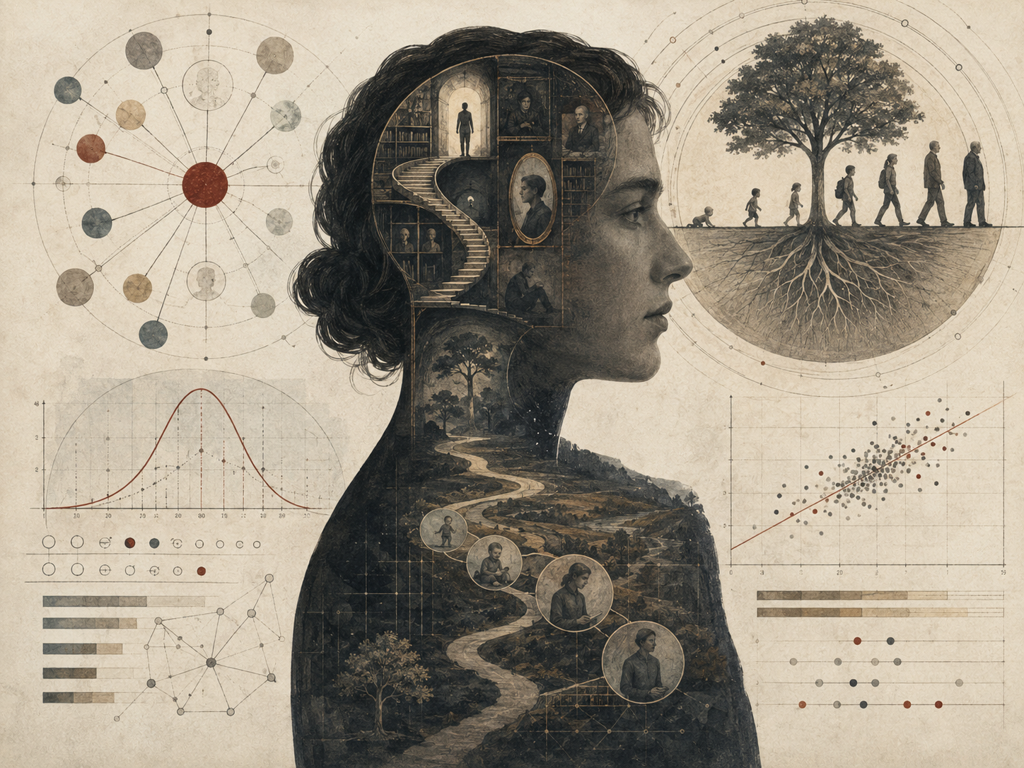 Restrained institutional illustration of a human profile containing symbolic inner architecture, life-course pathways, trait diagrams, developmental scenes, and psychometric measurement charts.