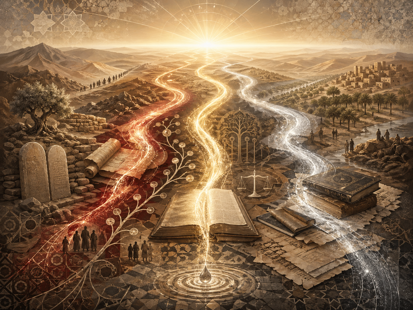Editorial illustration of prophecy in the Abrahamic traditions shown as radiant streams of divine guidance flowing through desert pathways, manuscripts, stone tablets, and symbolic sacred history.