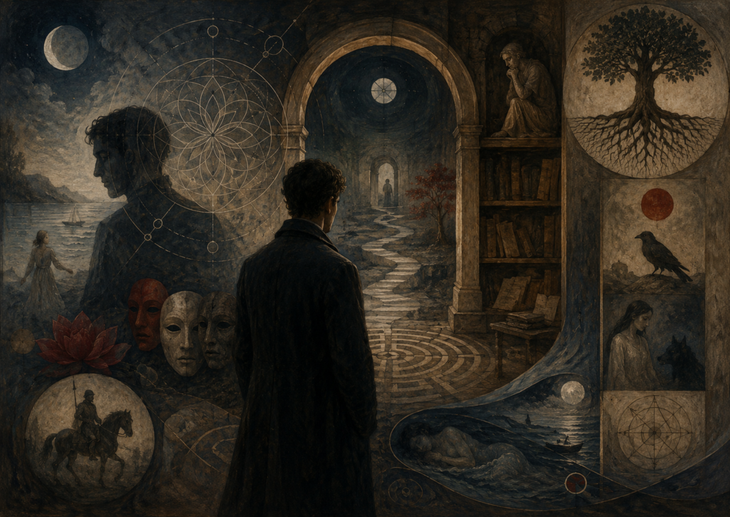 A contemplative figure stands before a shadowed inner archive surrounded by mandala geometry, masks, roots, moonlight, and dreamlike symbolic panels.