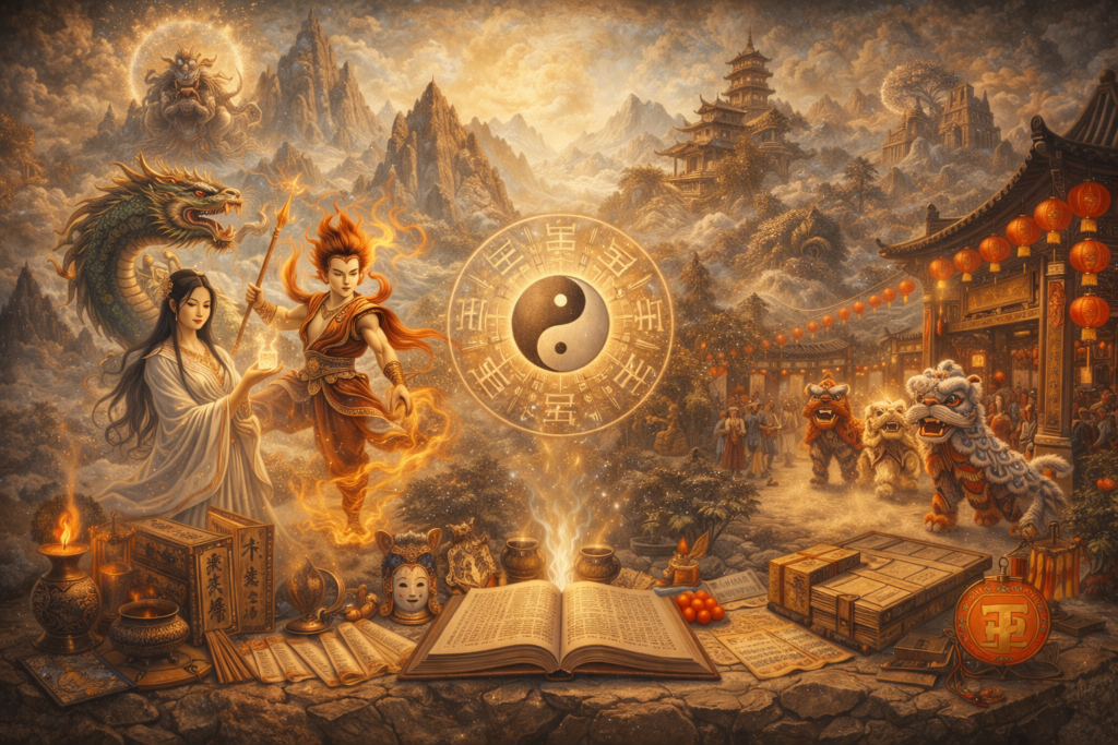 Symbolic Chinese mythic landscape with legendary figures, dragon, sacred mountains, ritual objects, festival lanterns, lion dancers, and cosmological imagery.