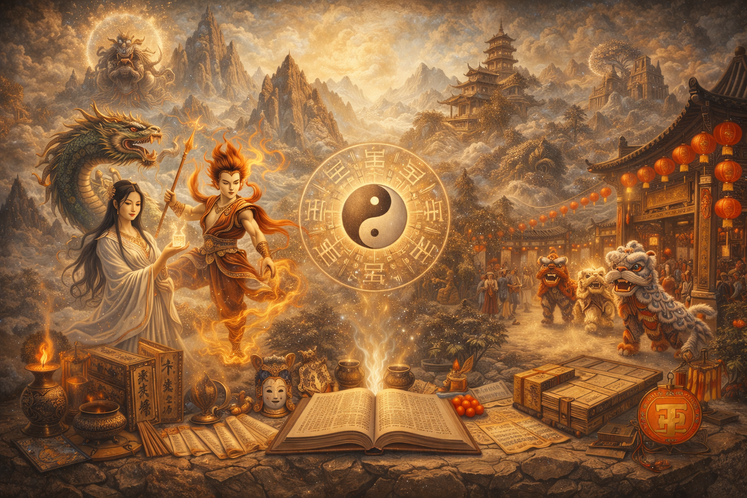 Symbolic Chinese mythic landscape with legendary figures, dragon, sacred mountains, ritual objects, festival lanterns, lion dancers, and cosmological imagery.