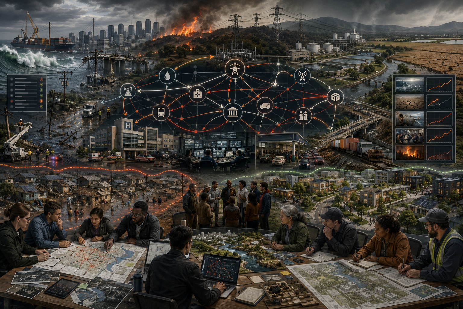 Editorial illustration showing cascading failure across power, water, hospitals, transport, communications, governance, and communities, with system analysts mapping hidden dependencies and accumulated fragility.