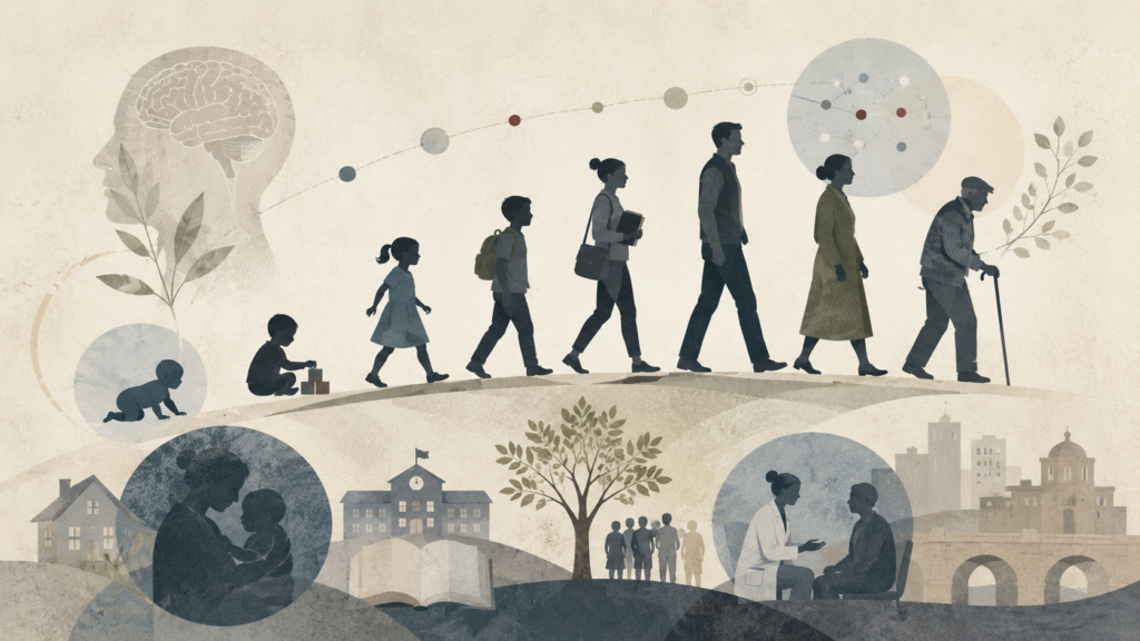 Abstract institutional illustration of human development across the lifespan, with figures moving from infancy to old age through family, school, health, community, and civic settings.
