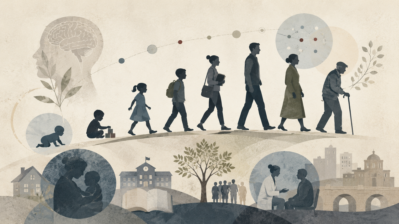 Abstract institutional illustration of human development across the lifespan, with figures moving from infancy to old age through family, school, health, community, and civic settings.