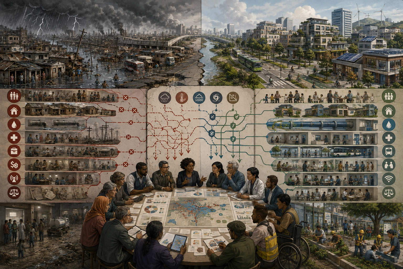 Editorial systems illustration contrasting hazard-exposed, under-serviced communities with greener, better-protected neighborhoods, centered on a diverse strategy table examining inequality, protection gaps, and resilience pathways.