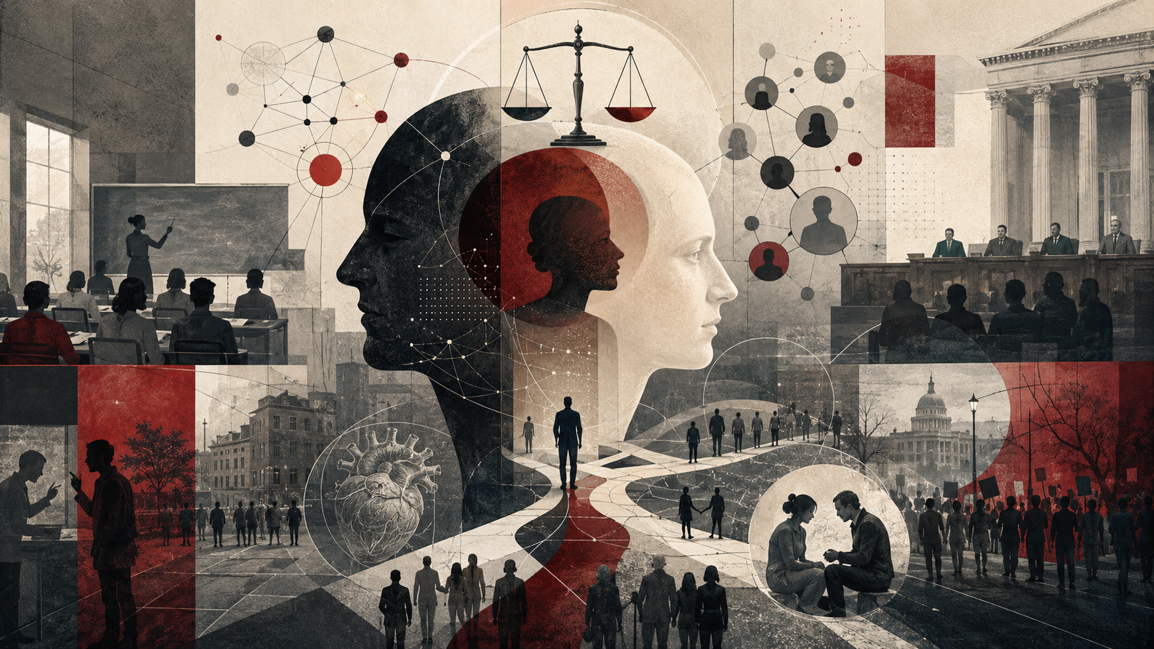 Editorial illustration of overlapping human silhouettes, civic institutions, social networks, ethical scales, and branching pathways representing moral judgment, empathy, justice, polarization, and collective responsibility.