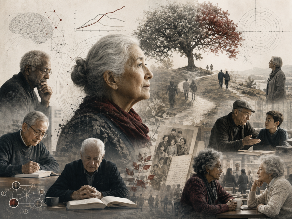 Research-grade illustration of wisdom and meaning in later life, showing older adults in reflection, conversation, writing, memory, intergenerational exchange, social connection, and life review.