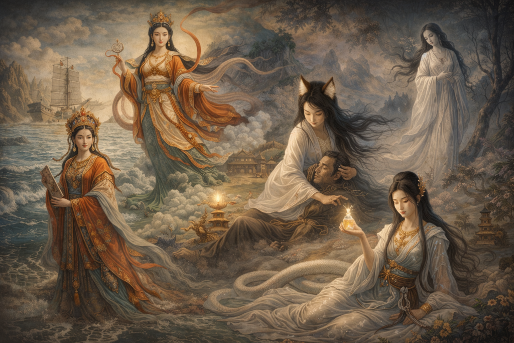 Mythic Chinese scene featuring goddess figures, a fox spirit, a ghostly woman, and White Snake imagery in a symbolic landscape of sacred power, desire, and supernatural presence.