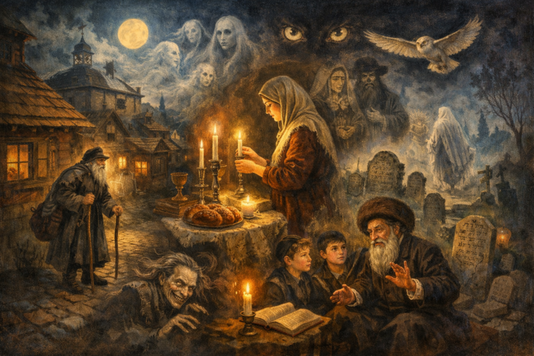 Editorial illustration of Yiddish folkloric and sacred worlds featuring a shtetl at dusk, a wandering holy figure, candlelit domestic ritual, a Hasidic storyteller with children, ghostly spirits, cemetery gravestones, and an atmosphere of exile, wonder, and hidden holiness