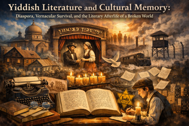 A composite illustration of Yiddish cultural memory showing shtetl buildings, a Yiddish theater scene, candles, a writer at a desk, an open Yiddish book, typewriter, and Holocaust imagery layered against an urban skyline.