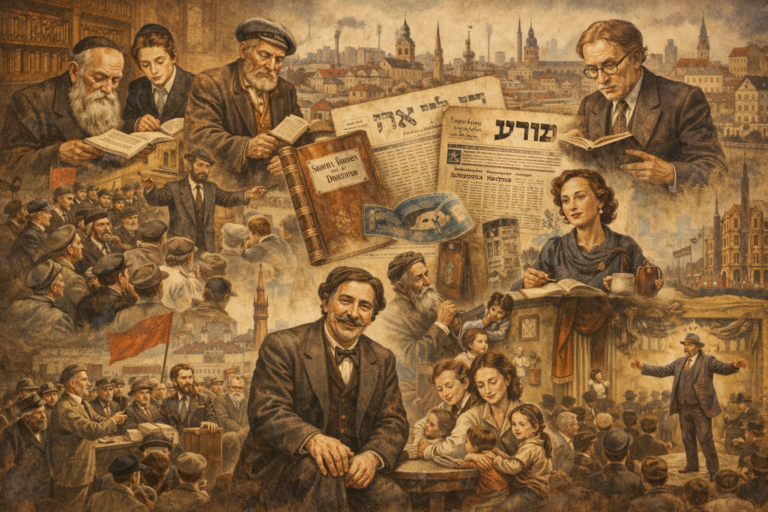 Editorial illustration of Yiddish intellectual worlds featuring scholars reading, Yiddish newspapers, labor meetings, theater and public speaking, women writing and reading, family life, and layered urban diasporic cityscapes