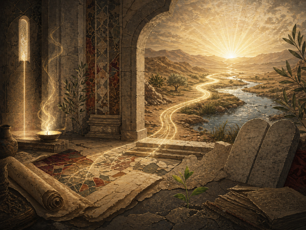 Editorial illustration of Zechariah / Zakariyya and John / Yahya shown through a sanctuary threshold, luminous prayer light, manuscripts, stone forms, river path, new growth, and radiant Gospel horizon.