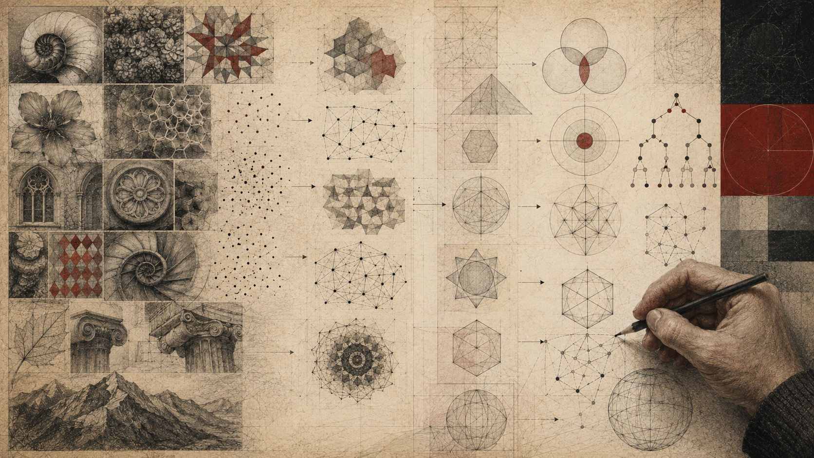 Scholarly editorial illustration showing natural forms, architectural fragments, geometric diagrams, networks, and abstract shapes moving from concrete examples toward generalized mathematical structures.