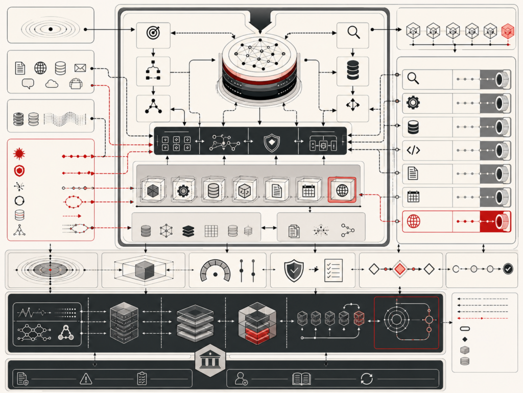 Abstract editorial illustration showing AI agents as governed workflow systems connecting model reasoning, task planning, tool selection, function calling, bounded execution, memory, retrieval, permissions, human review, monitoring, rollback, and governance.