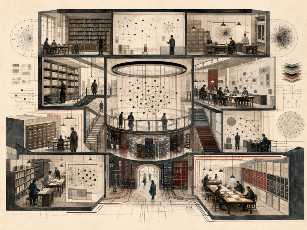 Editorial illustration of a multi-level research archive with AI-like network structures, catalog systems, semantic diagrams, data infrastructure, and collaborative knowledge workspaces.