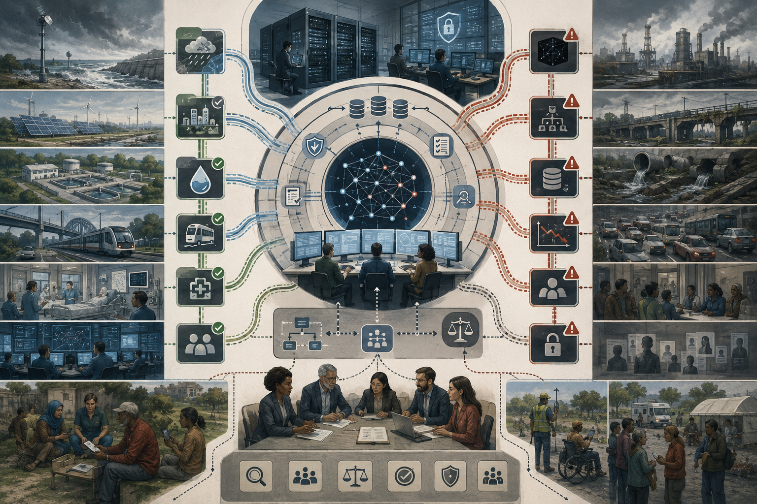 Editorial systems illustration showing AI governance infrastructure connecting public institutions, critical services, data centers, human oversight, audit trails, cyber risk, community review, and automated decision systems.