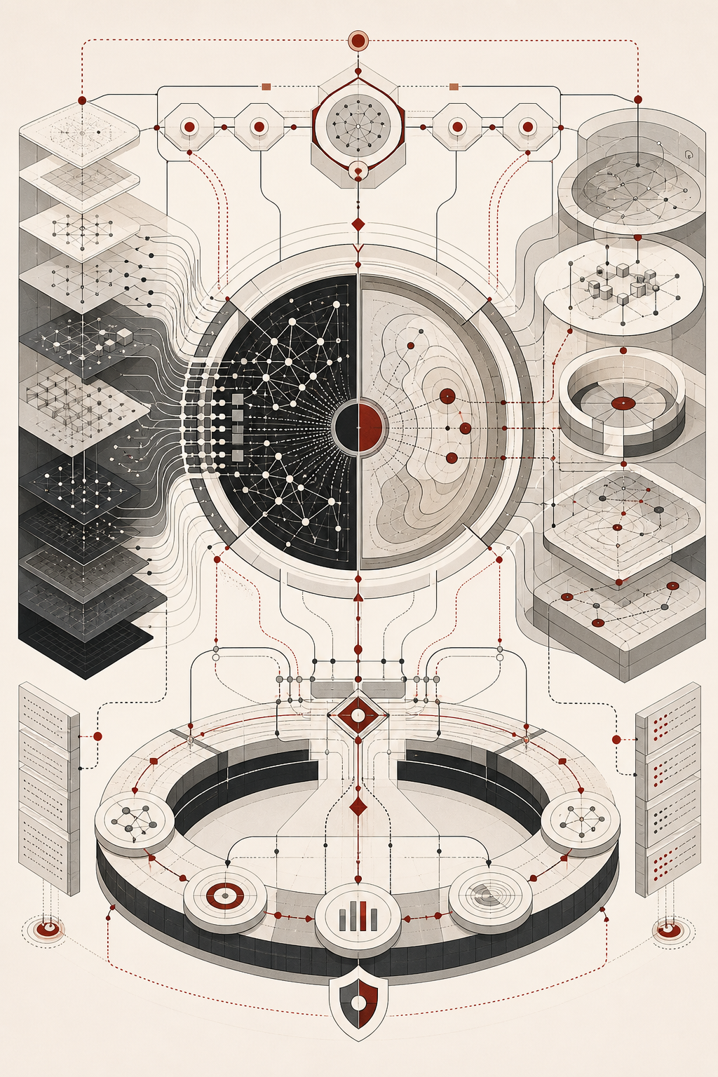 Abstract editorial illustration showing AI as a decision-support architecture that works alongside expert judgment, contextual interpretation, uncertainty management, review pathways, and accountable institutional oversight.