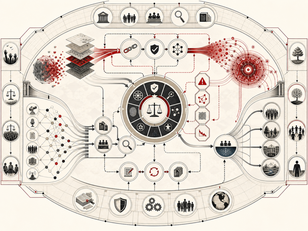 Editorial scientific illustration showing AI as a governed media-system architecture with synthetic media pathways, provenance chains, verification gates, recommender flows, disinformation-risk signals, correction loops, public trust, and accountability structures.