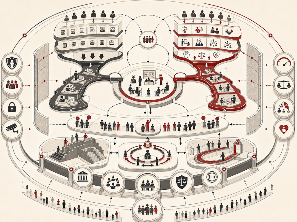Editorial scientific illustration showing AI as a governed labor-system architecture with task exposure, automation, augmentation, job redesign, reskilling, worker voice, job quality, oversight, and public accountability.
