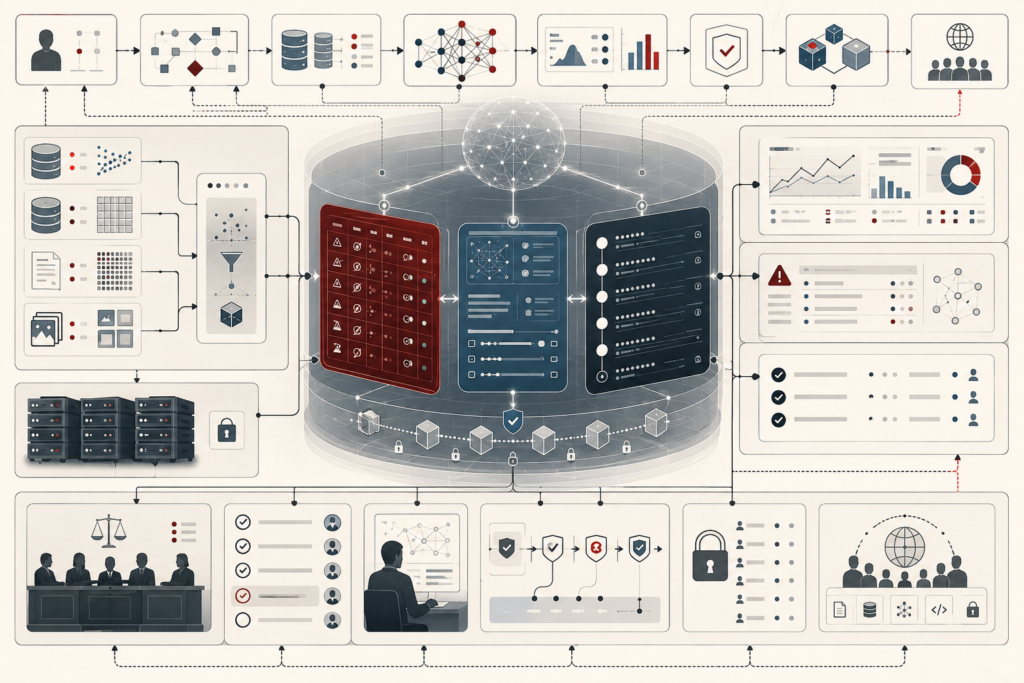 Editorial illustration showing an AI governance documentation architecture with risk registers, model cards, audit trails, monitoring dashboards, data pipelines, review workflows, and accountability controls connected through a central evidence infrastructure.