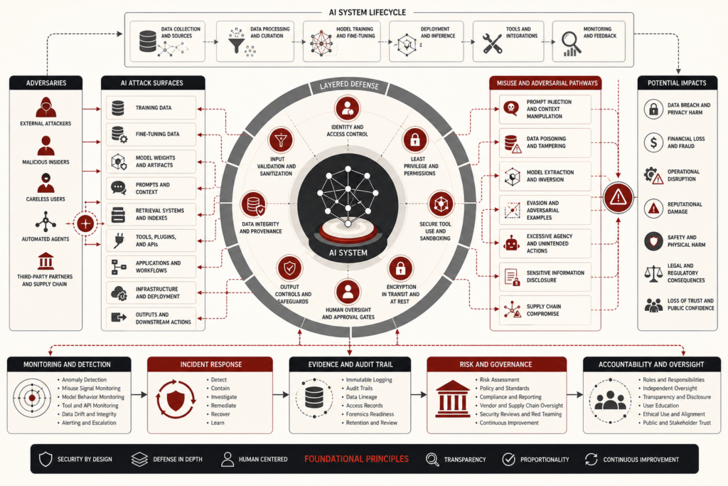 Editorial scientific illustration of AI security as a layered governance architecture with protected model systems, attack surfaces, misuse pathways, monitoring, incident response, audit trails, and oversight controls.
