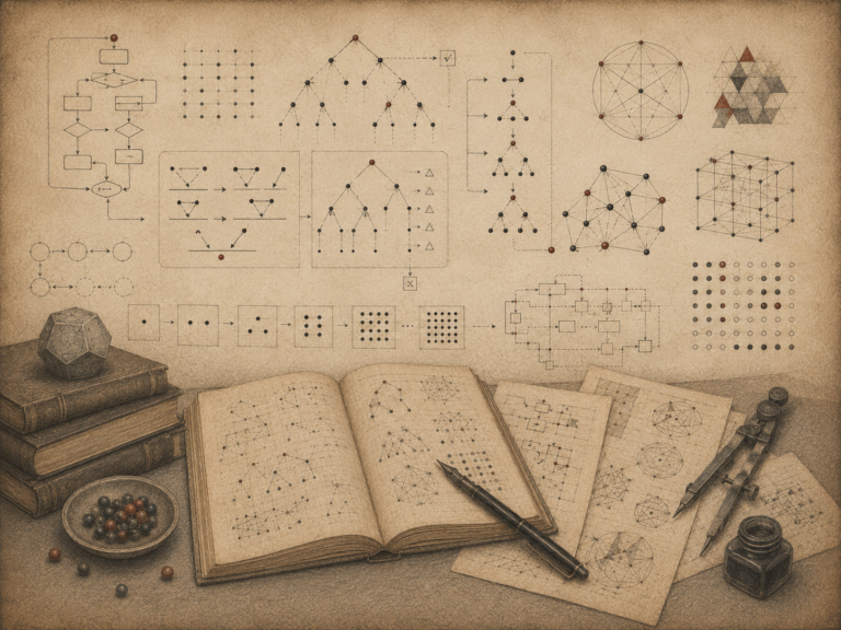 Scholarly editorial illustration of algorithmic flow diagrams, proof trees, grids, logic structures, networks, discrete patterns, open notebooks, books, and mathematical instruments on textured parchment.