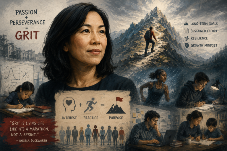 Painterly editorial collage showing Angela Duckworth with symbolic scenes of perseverance, long-term effort, study, endurance, mountain climbing, and sustained commitment to difficult goals.