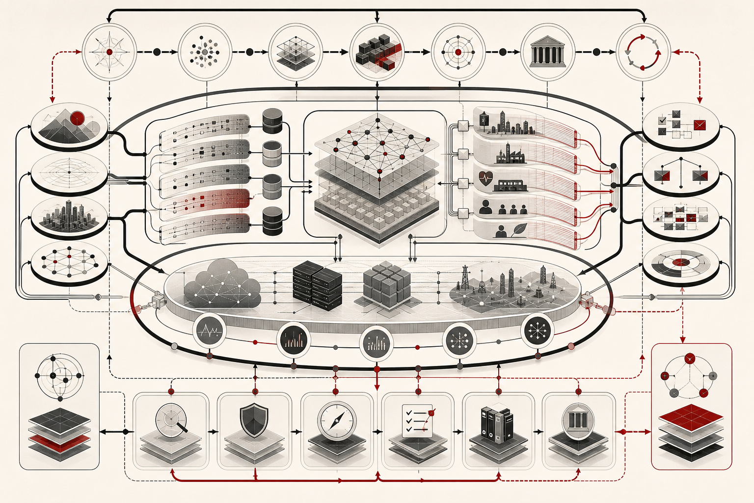 Abstract editorial illustration of artificial intelligence as an integrated systems discipline connecting data pipelines, model layers, infrastructure, monitoring, governance, feedback loops, and lifecycle assurance.