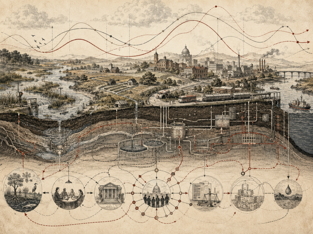 Scholarly editorial illustration of a regional landscape with rivers, wetlands, agriculture, cities, infrastructure, industry, underground systems, feedback pathways, institutions, and behavior-over-time curves.