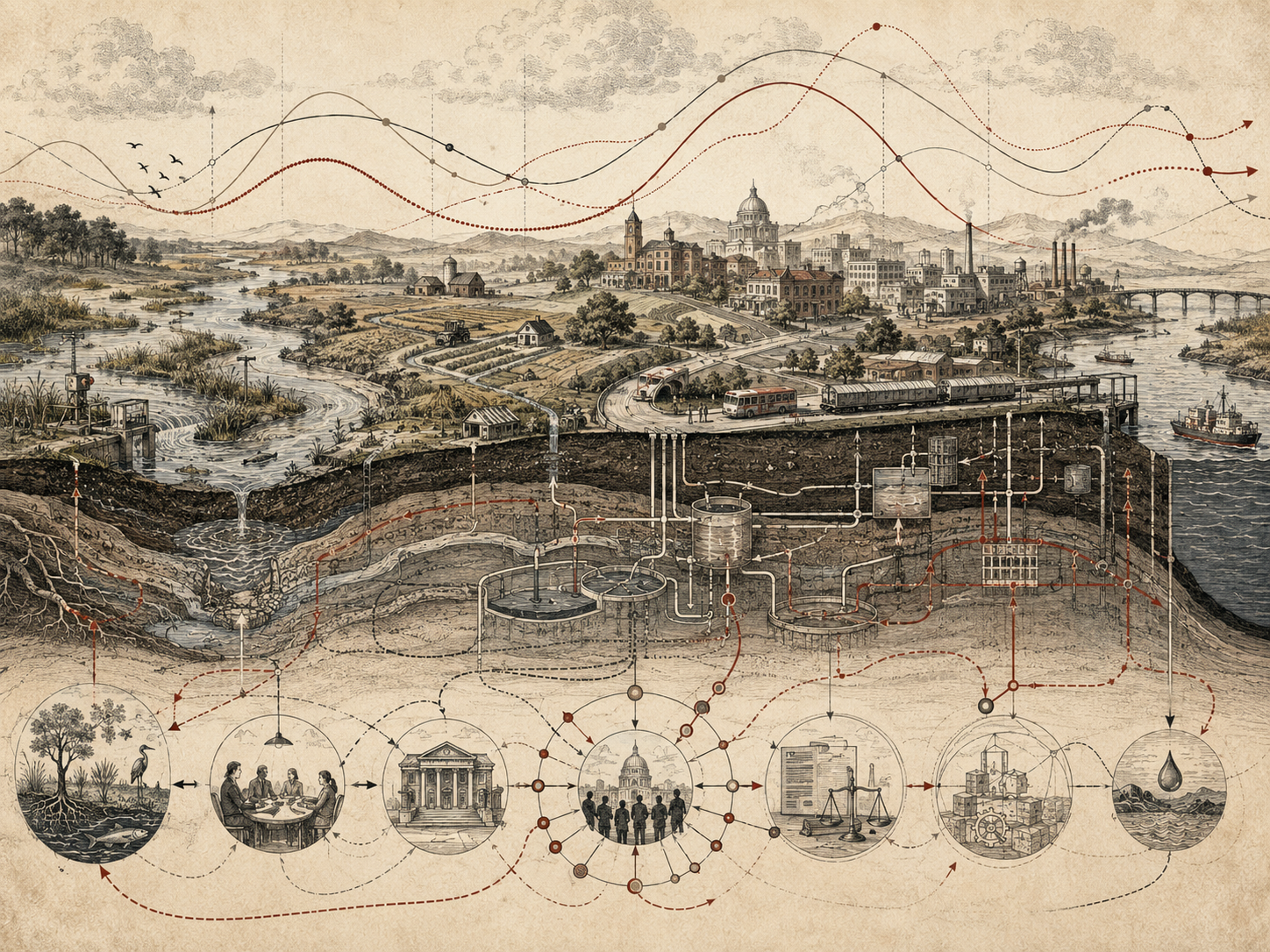 Scholarly editorial illustration of a regional landscape with rivers, wetlands, agriculture, cities, infrastructure, industry, underground systems, feedback pathways, institutions, and behavior-over-time curves.
