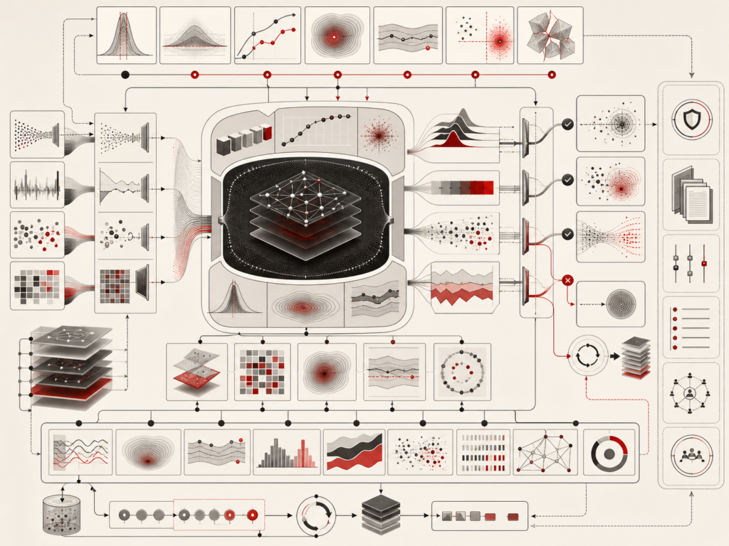 Abstract editorial illustration showing an AI system embedded in a probability-aware architecture with calibration diagnostics, uncertainty pathways, threshold gates, abstention routes, monitoring layers, feedback loops, recalibration processes, and governance controls.