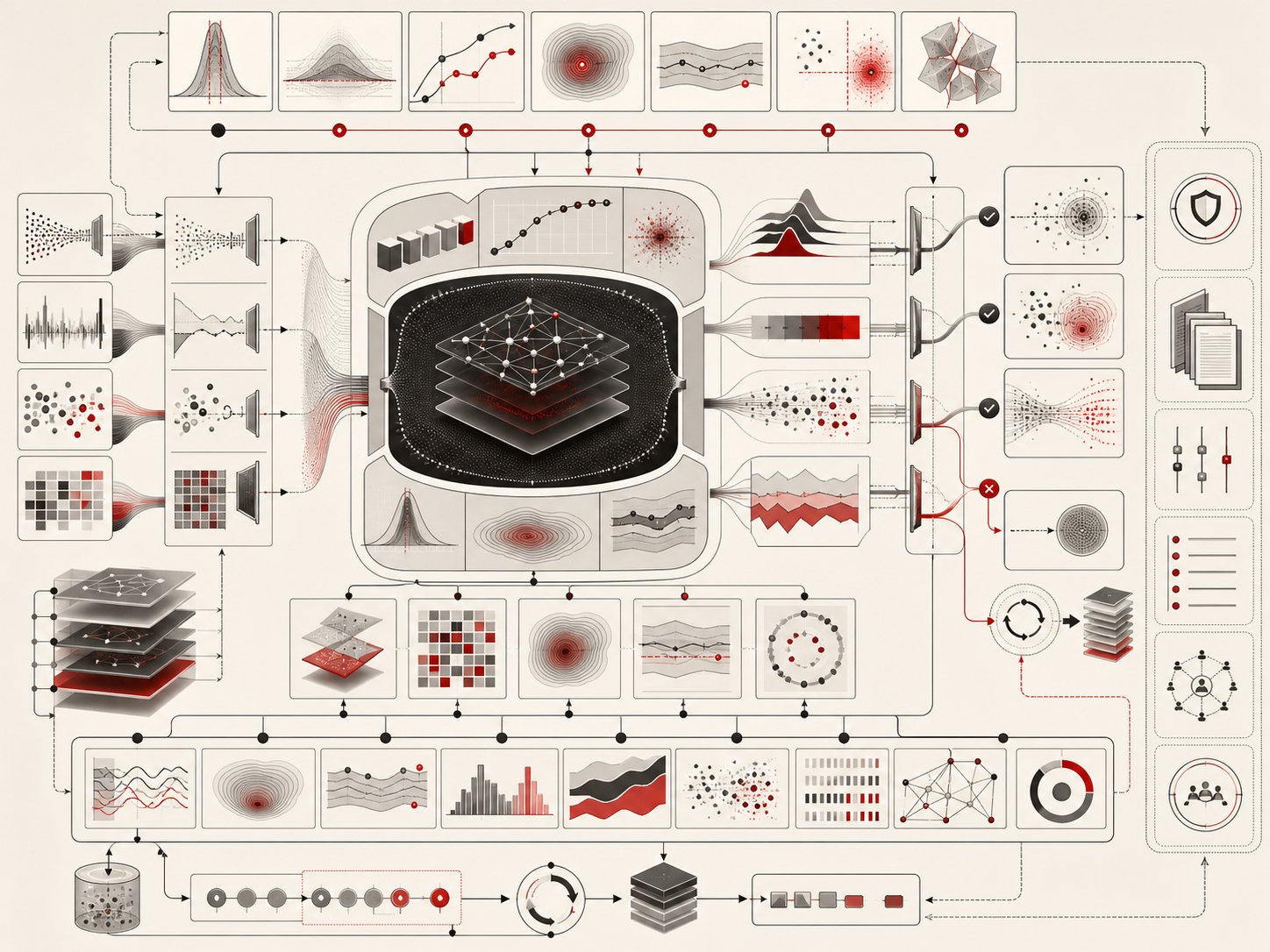 Abstract editorial illustration showing an AI system embedded in a probability-aware architecture with calibration diagnostics, uncertainty pathways, threshold gates, abstention routes, monitoring layers, feedback loops, recalibration processes, and governance controls.