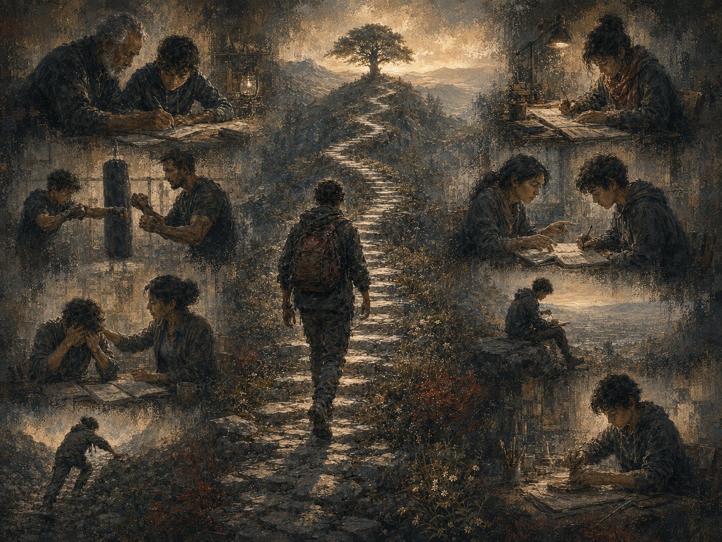 Painterly editorial illustration of grit education, showing a young person walking a difficult stone path surrounded by scenes of mentoring, study, coaching, emotional support, practice, and reflection.