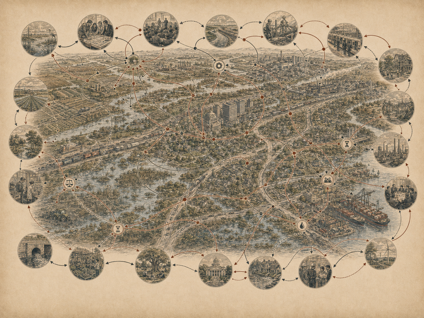 Scholarly systems-thinking illustration of an urban and rural regional system connected by causal loops, feedback arrows, civic institutions, wetlands, farms, infrastructure, ports, industry, and community scenes.