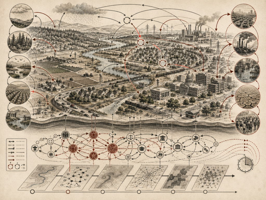 Scholarly editorial illustration of a regional landscape with farms, cities, rivers, industry, public institutions, infrastructure, ecological zones, circular feedback arrows, causal pathways, and system maps.