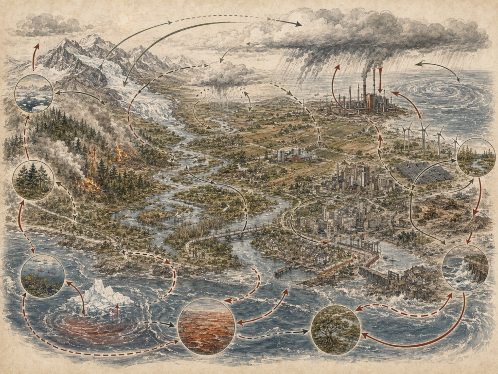 Scholarly systems-thinking illustration of climate feedback dynamics across mountains, glaciers, forests, rivers, cities, industry, oceans, storms, agriculture, renewable energy, and ecological systems.