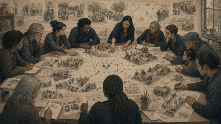 Editorial illustration of a diverse community group and design practitioners gathered around a large table covered with shared sketches, neighborhood models, stakeholder maps, civic scenes, and participatory design pathways.