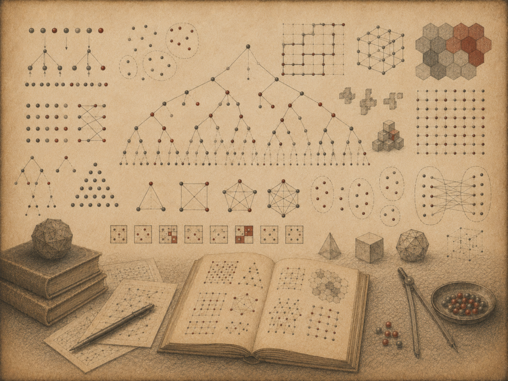 Scholarly editorial illustration of branching trees, grids, arrangements, permutations, combinations, network diagrams, counting objects, polyhedra, notebooks, and research instruments on textured parchment.