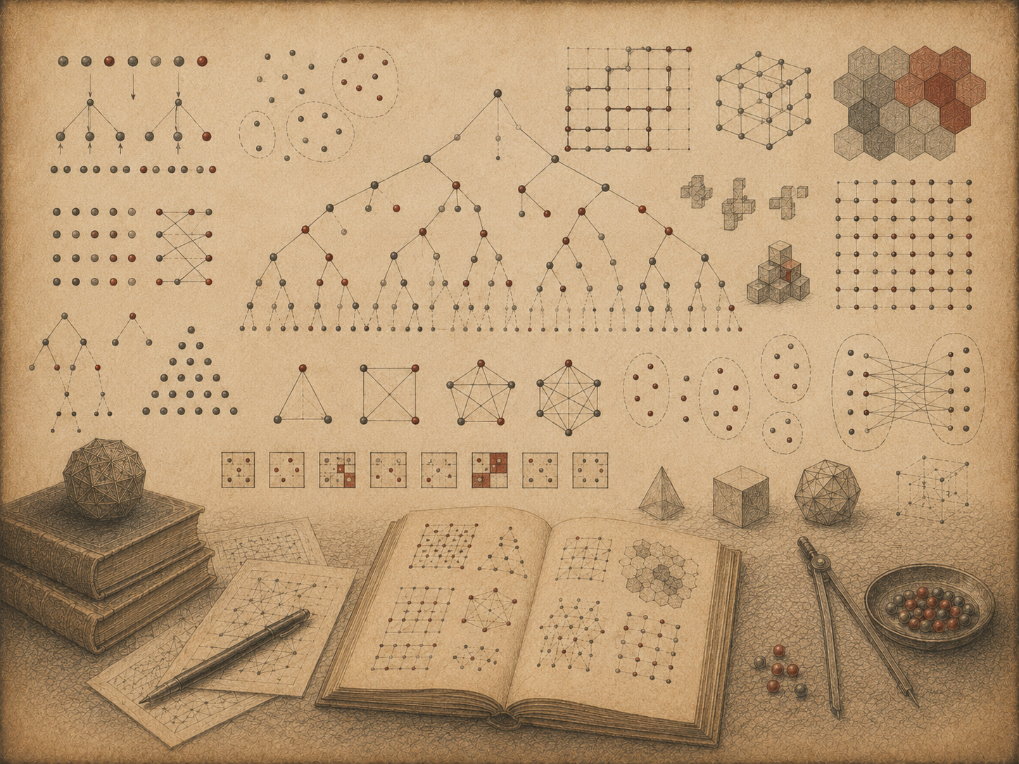 Scholarly editorial illustration of branching trees, grids, arrangements, permutations, combinations, network diagrams, counting objects, polyhedra, notebooks, and research instruments on textured parchment.