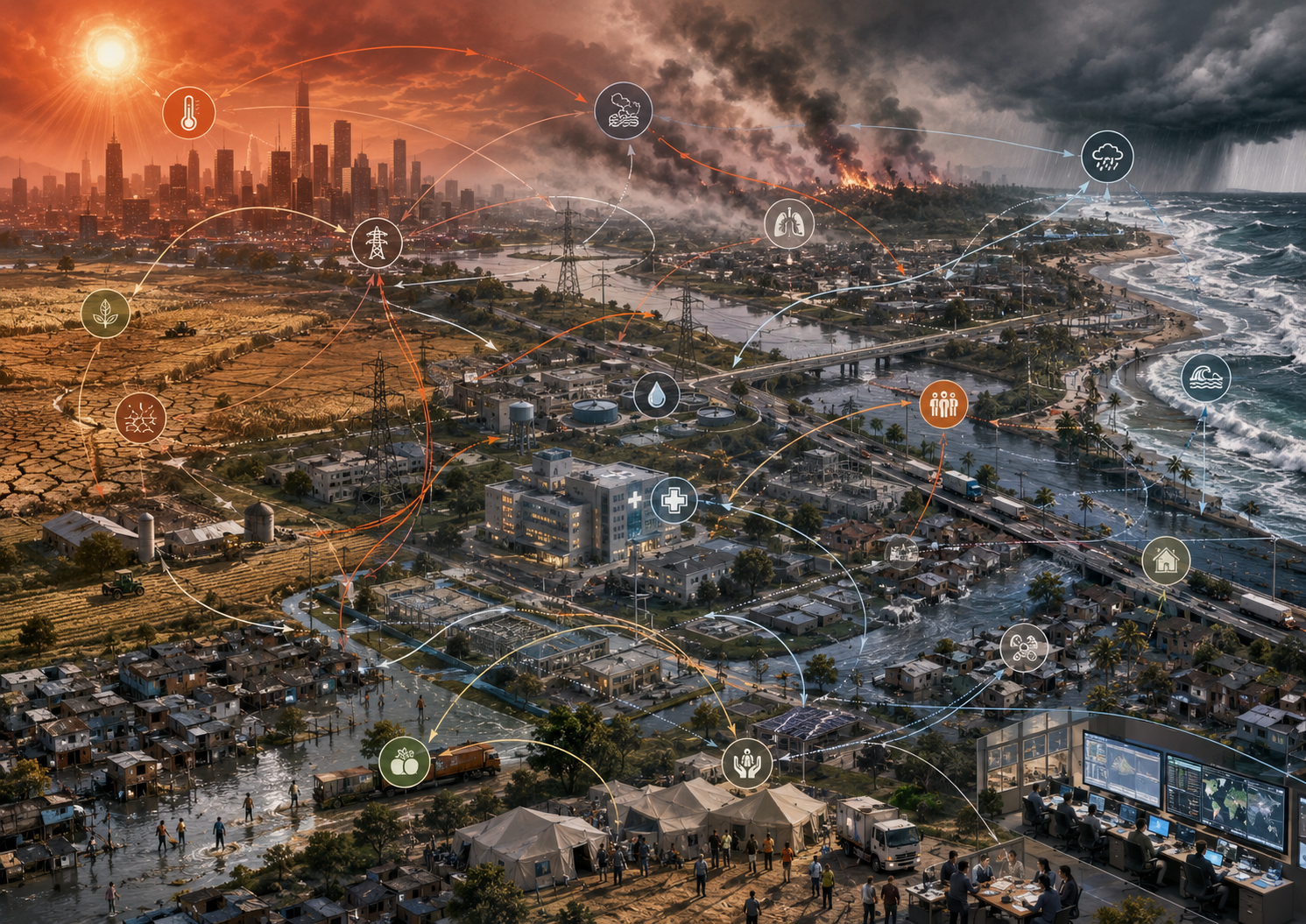 Editorial illustration of overlapping climate hazards, infrastructure systems, vulnerable communities, emergency response, and ecological buffers connected by cascading risk pathways.