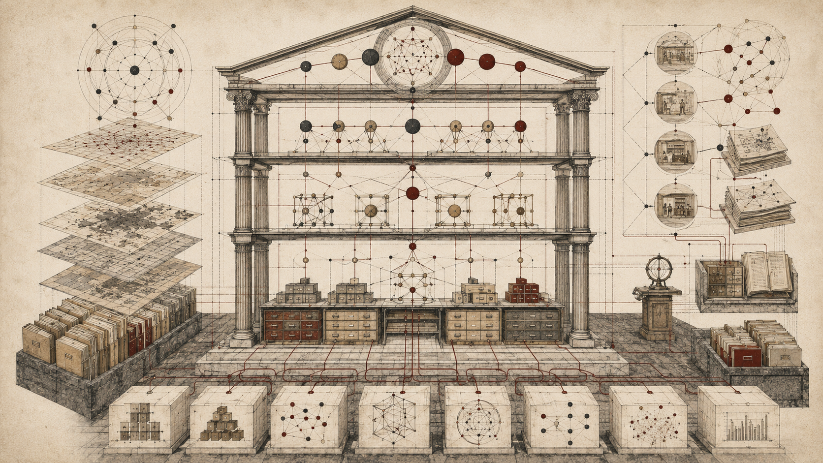 Editorial illustration of a classical architectural research framework with connected conceptual nodes, layered maps, archival files, modular blocks, and diagrammatic foundations.