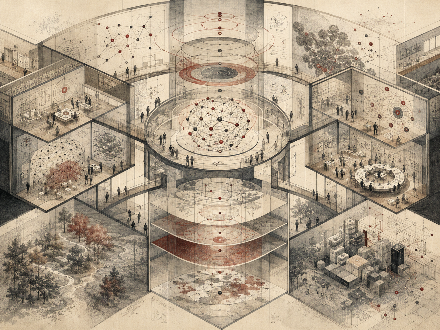 Editorial illustration of a transparent multi-level research environment with conceptual networks, system maps, ecological spaces, analytical rooms, and layered model structures.