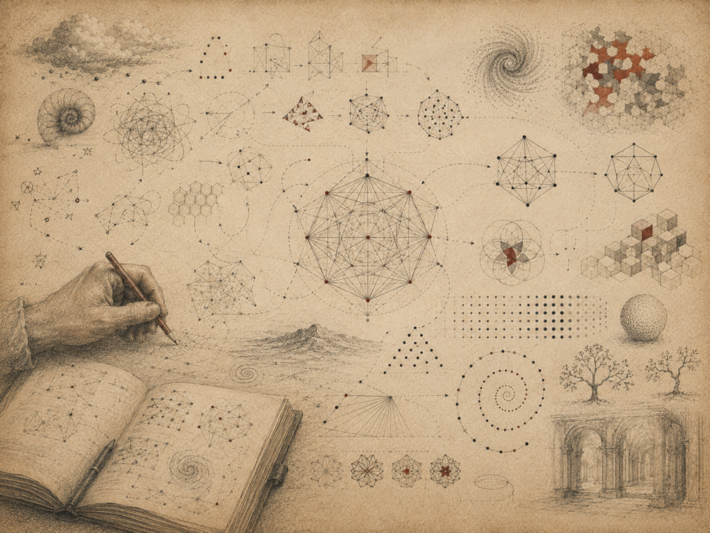 Scholarly editorial illustration of open notebooks, hand-drawn geometric diagrams, branching conjectures, spirals, networks, tessellations, and abstract mathematical forms on aged parchment.
