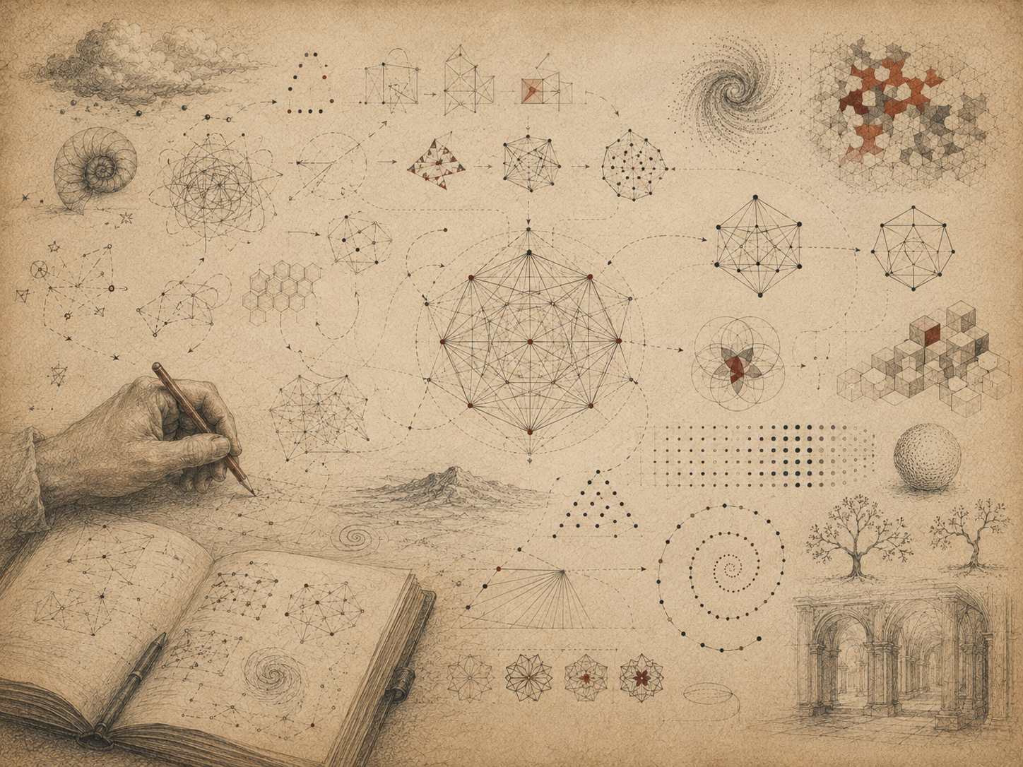 Scholarly editorial illustration of open notebooks, hand-drawn geometric diagrams, branching conjectures, spirals, networks, tessellations, and abstract mathematical forms on aged parchment.